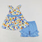 GSSO0494 Baby Girl Short Sleeves Floral Tunic Blue Ruffle Shorts Set