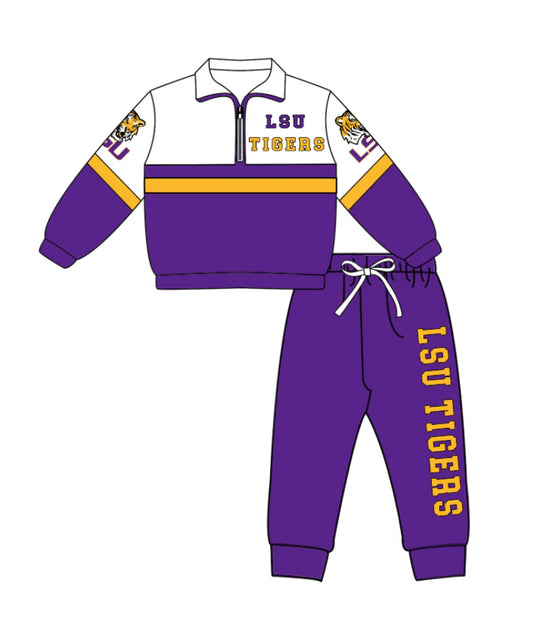 ( Moq 5 ) Baby Boys Toddler Long Sleeves Zipper Tigers Shirt Purple Jogger Pants Team Clothes Set