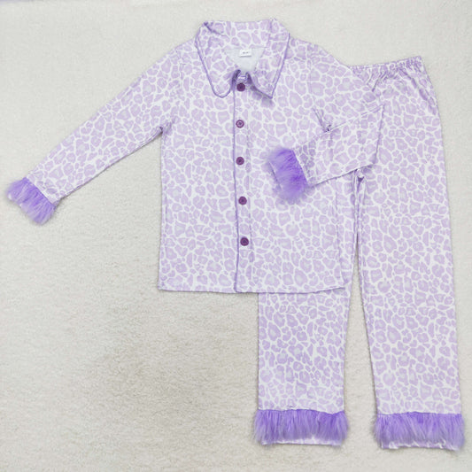 Adult Women Purple Long Sleeves Leopard Button Up Tops Pants Pajamas