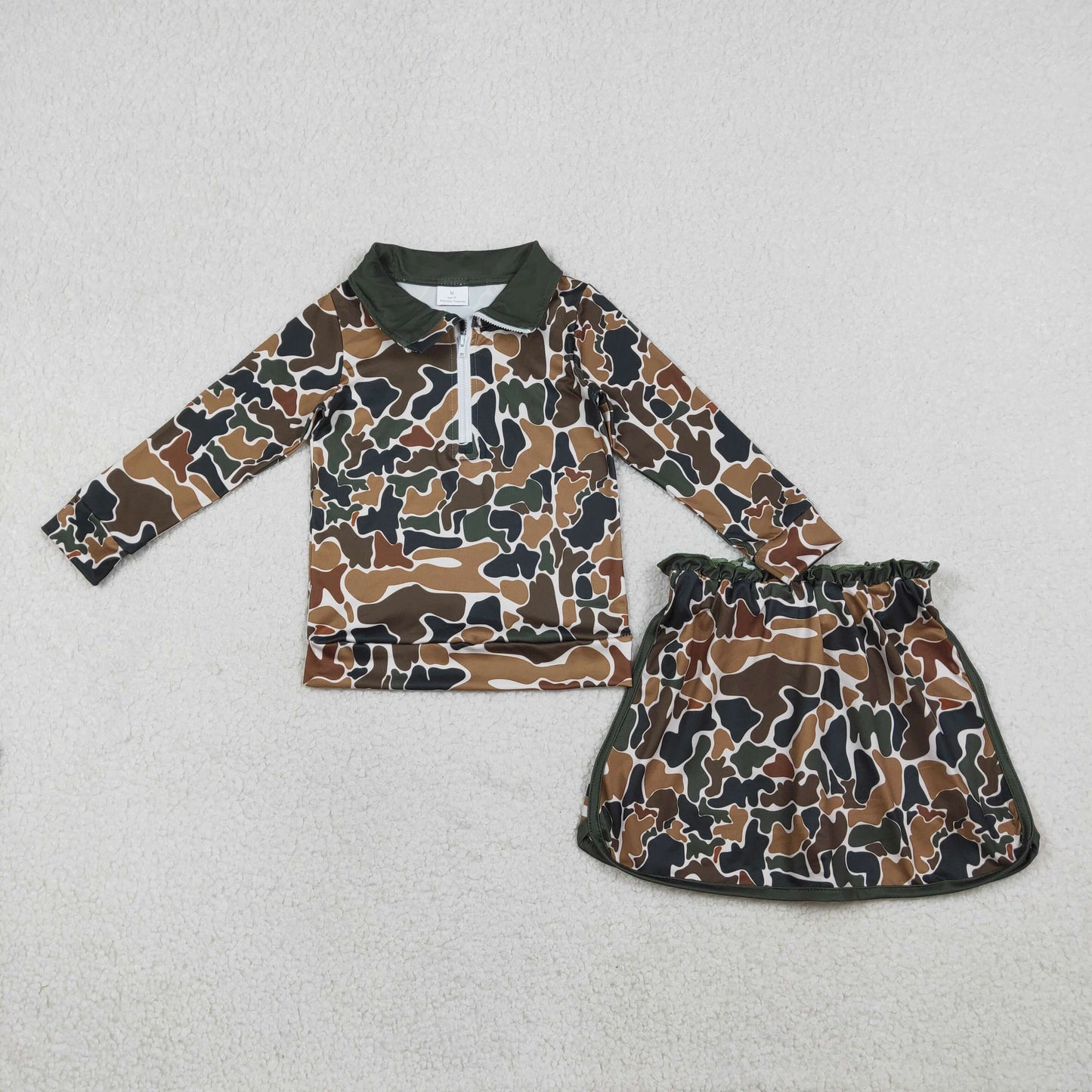 Baby Girls Kids Long Sleeves Brown Green Camo Zipper Pullover Skirt Shorts Set RTS
