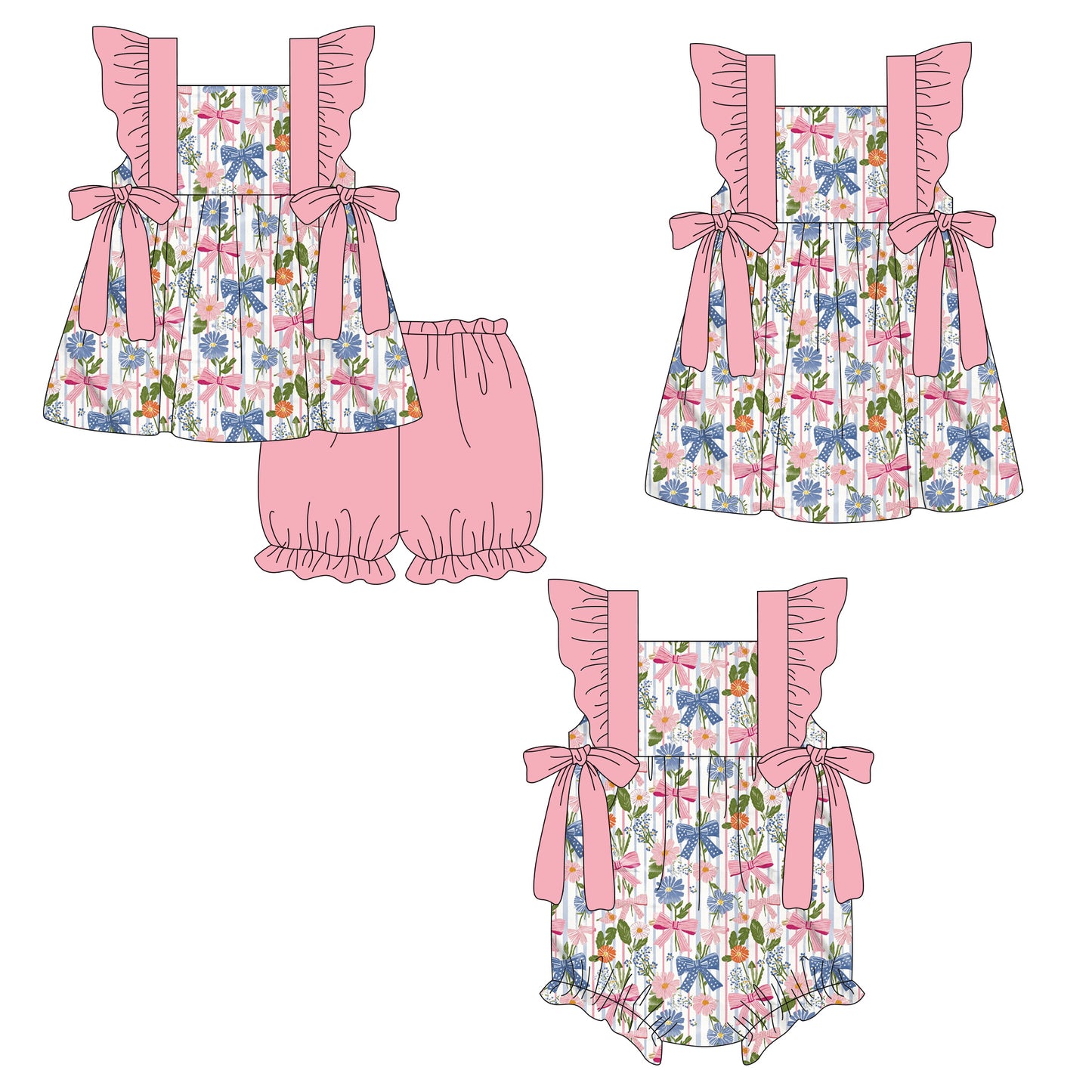 ( Moq 5 Each Style ) Sibling Baby Girls Kids Flower Bows Romper Dress Set Summer Clothes