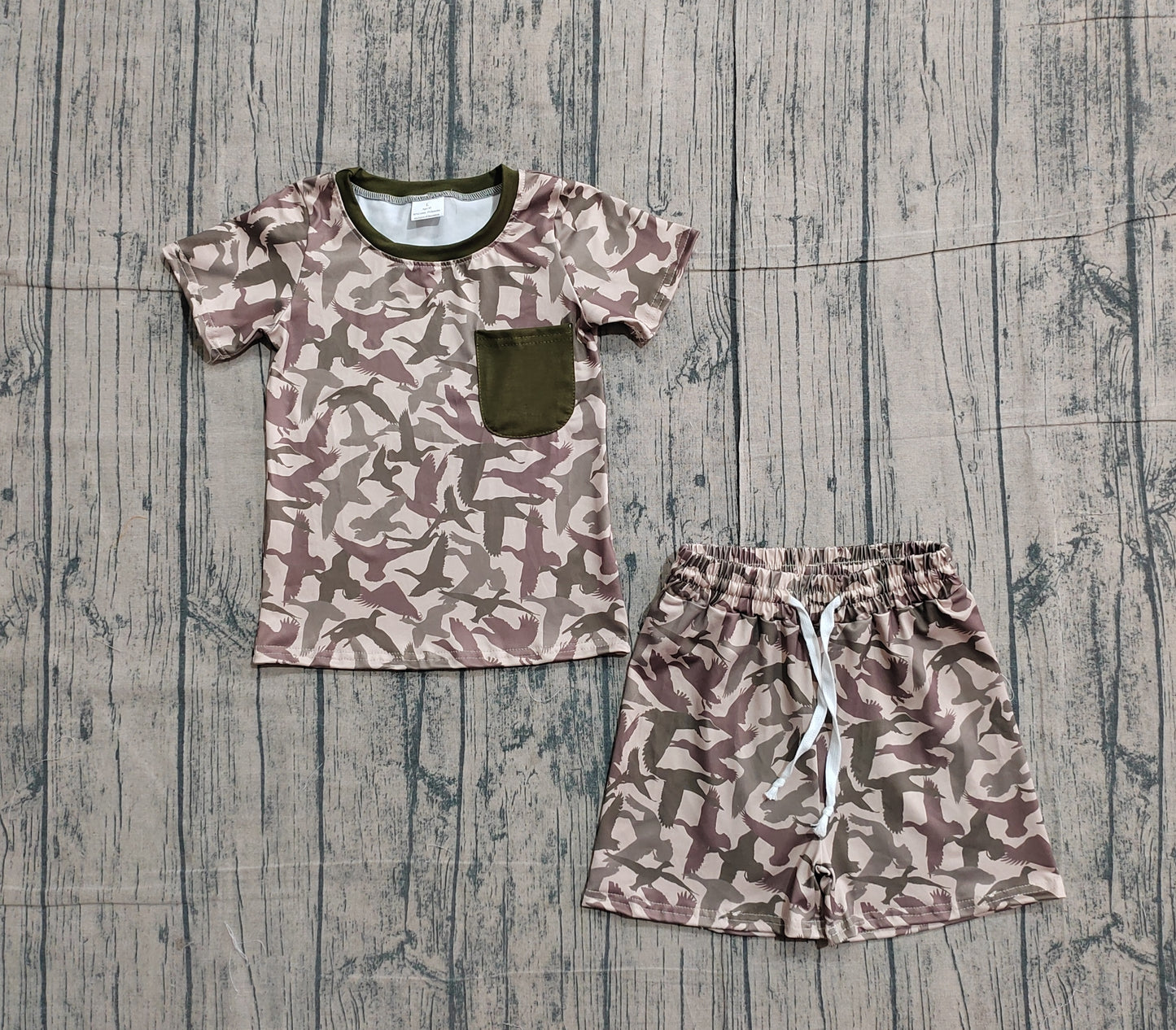 Baby Boys Short Sleeves Pocket Shirt Ducks Green Shorts Hunting Set RTS