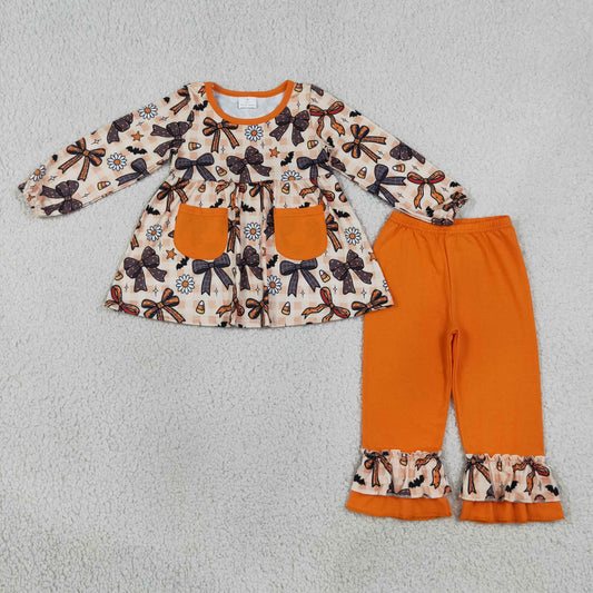 Baby Girls Kids Bows Flower Candy Pockets Tunic Ruffle Pants Halloween Set Clothes RTS