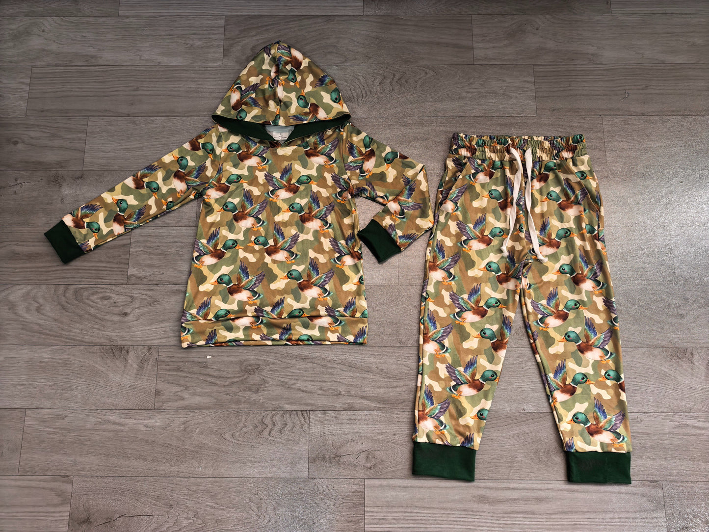 ( No moq ) Preorder Baby Boys Kids Ducks Camo Hoodie Pullover Pockets Pants Green Set Clothes