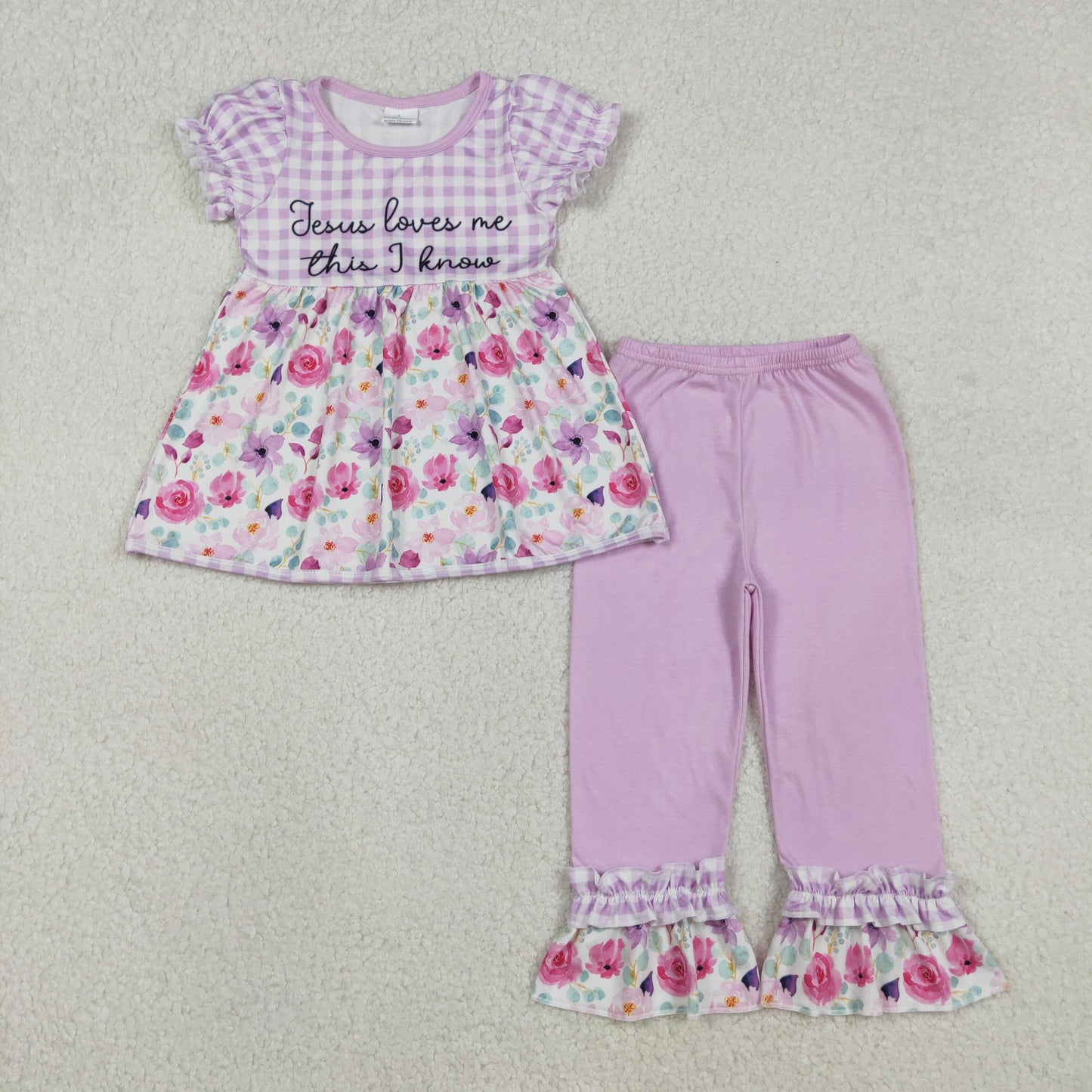 Baby Girls Kids Short Sleeves Plaid Flower Jesus Love Me Tunic Ruffle Pink Pants Set RTS