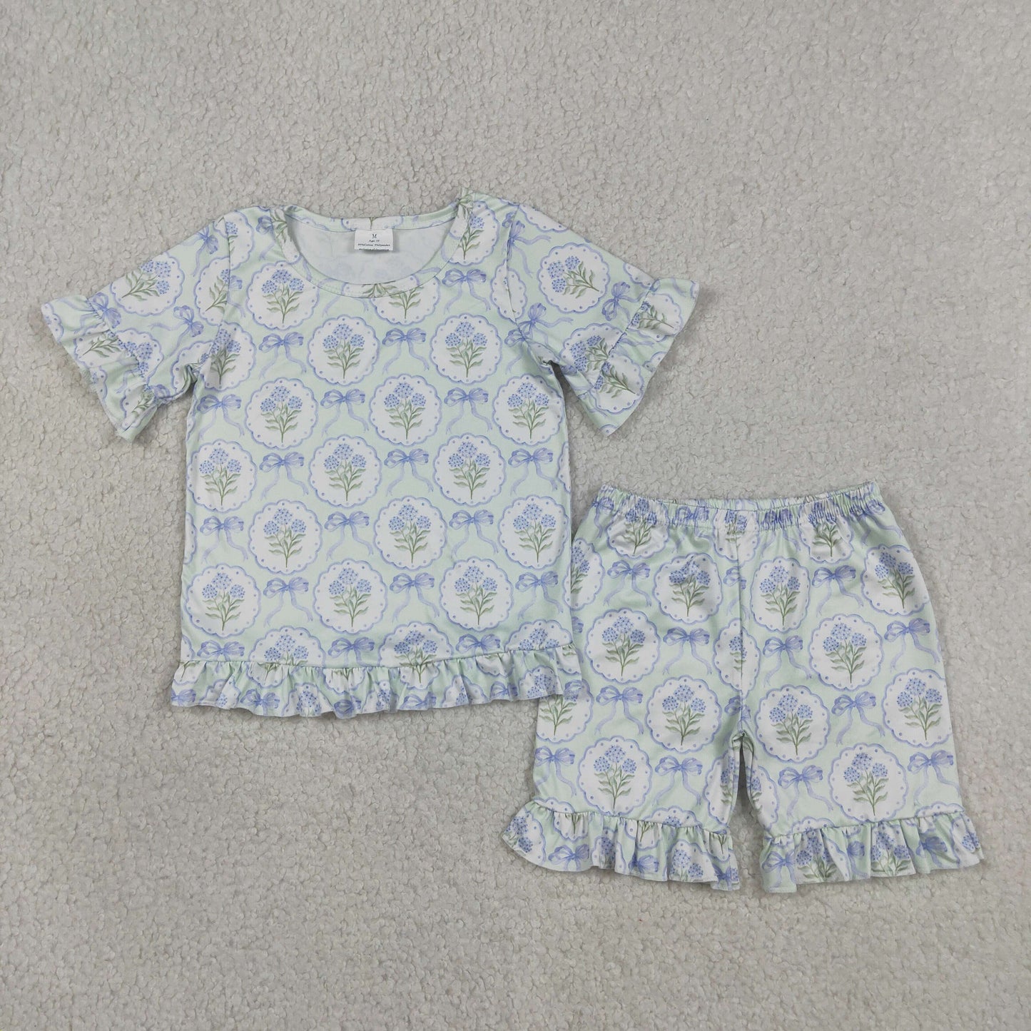Baby Girls Kids Short Sleeves Blue Bows Flower Shirt Shorts Summer Clothes Set RTS