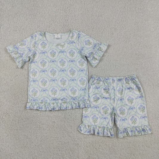 Baby Girls Kids Short Sleeves Blue Bows Flower Shirt Shorts Summer Clothes Set RTS