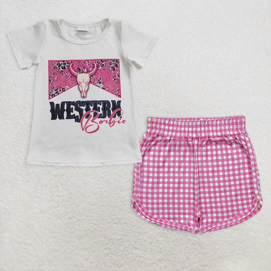 Baby Girl Short Sleeves Cow Shirt Pink Plaid Shorts Set RTS