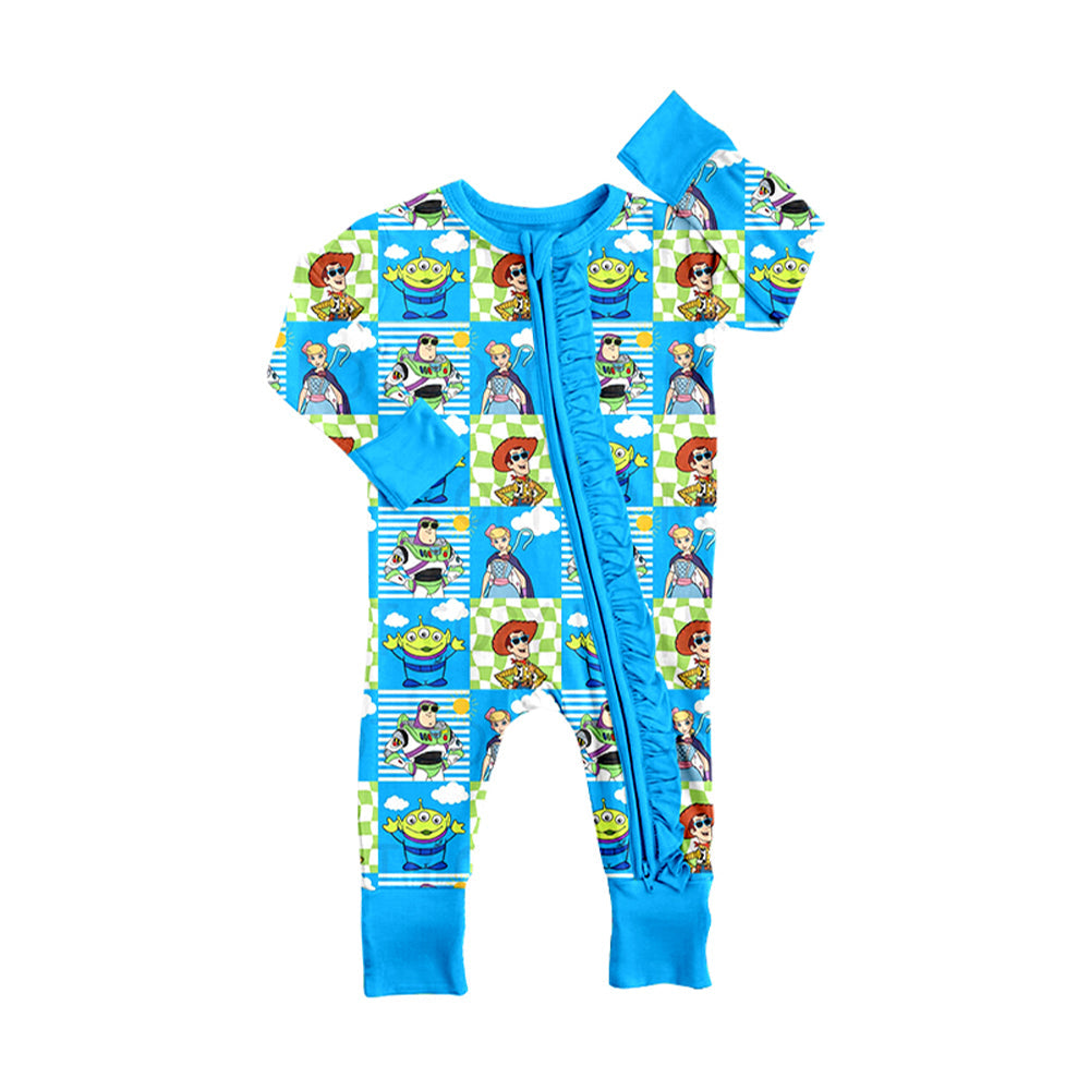 Moq 5 Cartoon Toys Plaid Print Baby Girls Fall Sleeper Zipper Romper