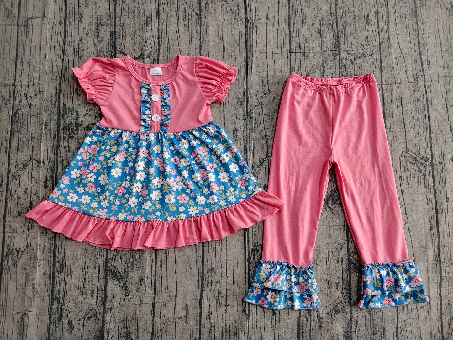 Baby Girls Kids Short Sleeves Flower Tunic Ruffle Pink Pants Clothes Set RTS