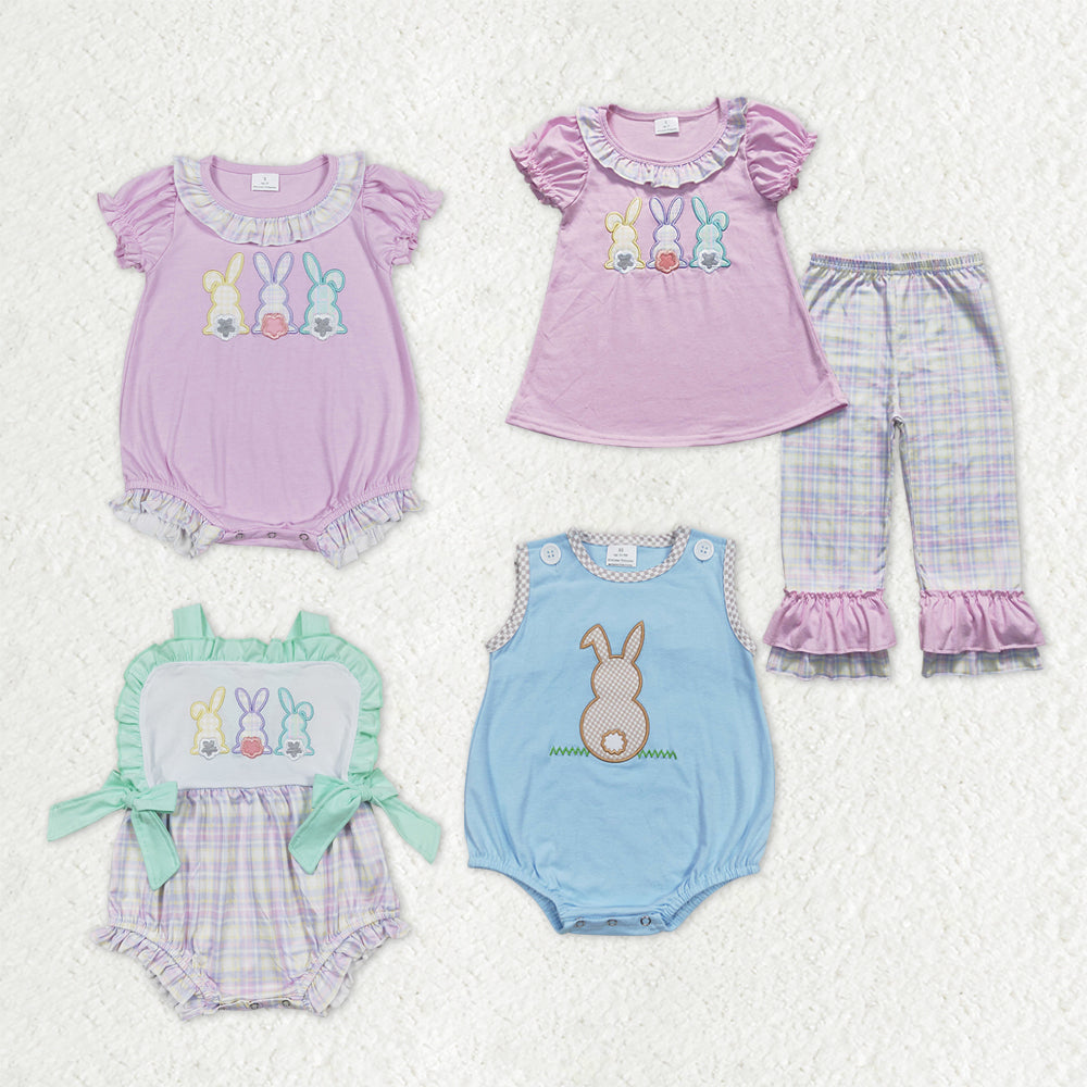 Sibling Baby Boys Girls Kids Embroidery Rabbits Easter Rompers Set Clothes RTS