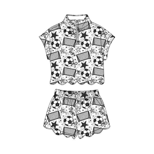( Moq 5 ) Preorder Baby Girls Kids Short Sleeves Soccer Bows Zipper Shirt Scallop Shorts Set Clothes