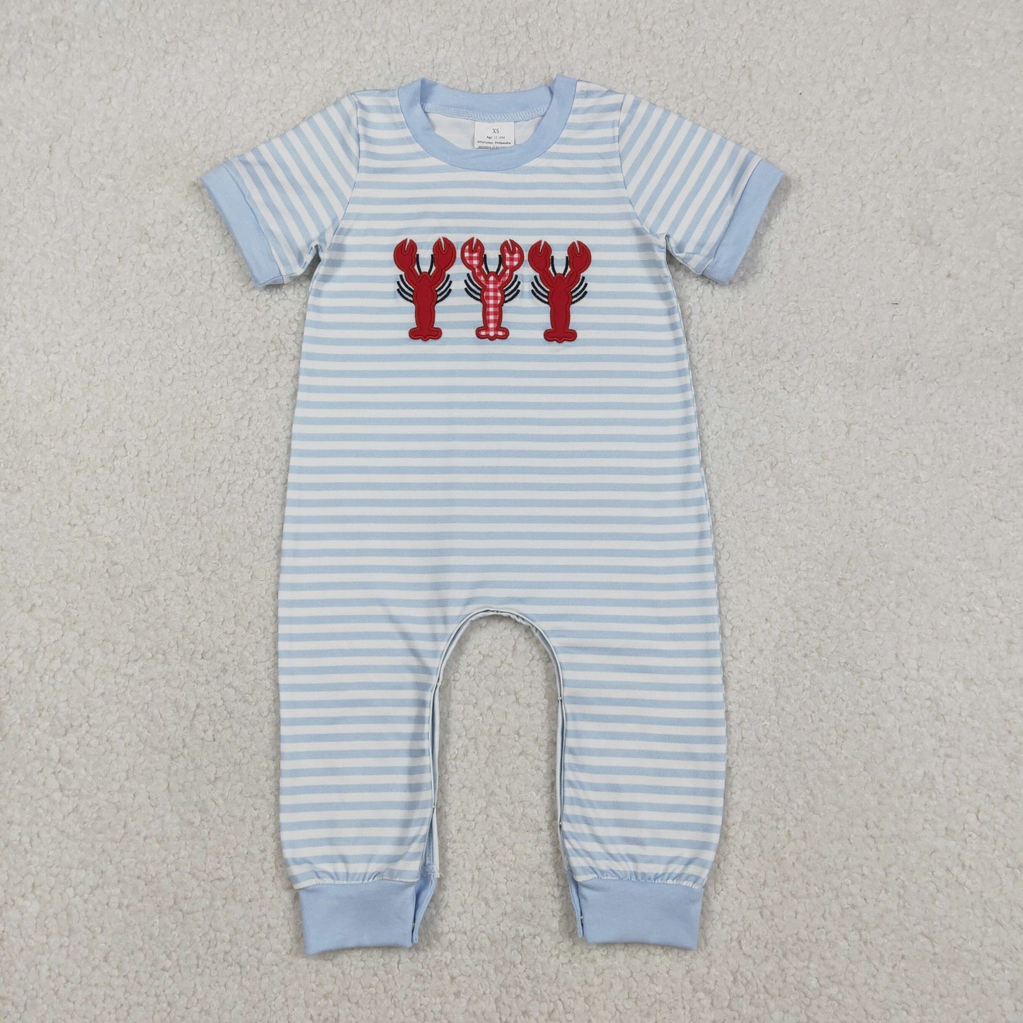 Baby Boys Short Sleeves Embroidery Crawfish Blue Stripes Buttons Romper RTS