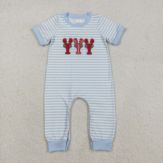 Baby Boys Short Sleeves Embroidery Crawfish Blue Stripes Buttons Romper RTS