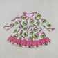 Baby Girl Long Sleeves Green Face Pink Ruffle Christmas Knee Length Dress RTS