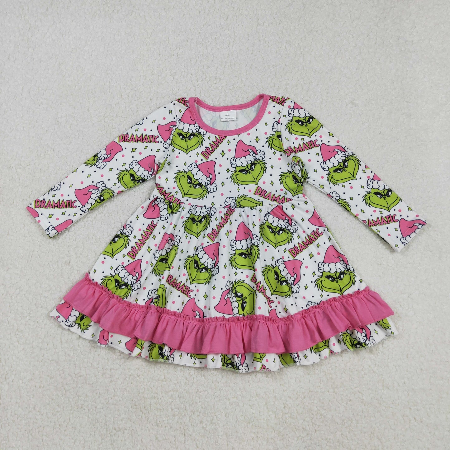 Baby Girl Long Sleeves Green Face Pink Ruffle Christmas Knee Length Dress RTS
