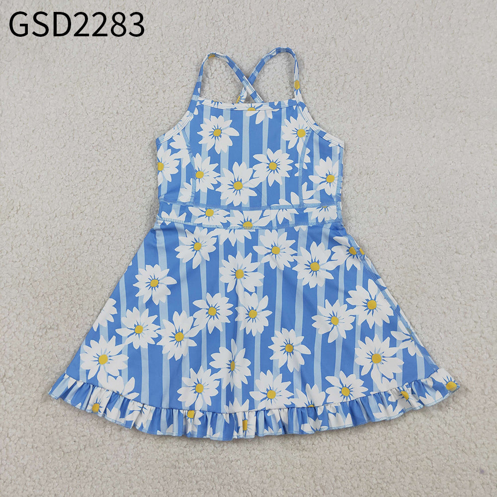 Baby Girls Kids Sleeveless Flower Blue Stripes Yoga Knee Length Yoga Dress RTS