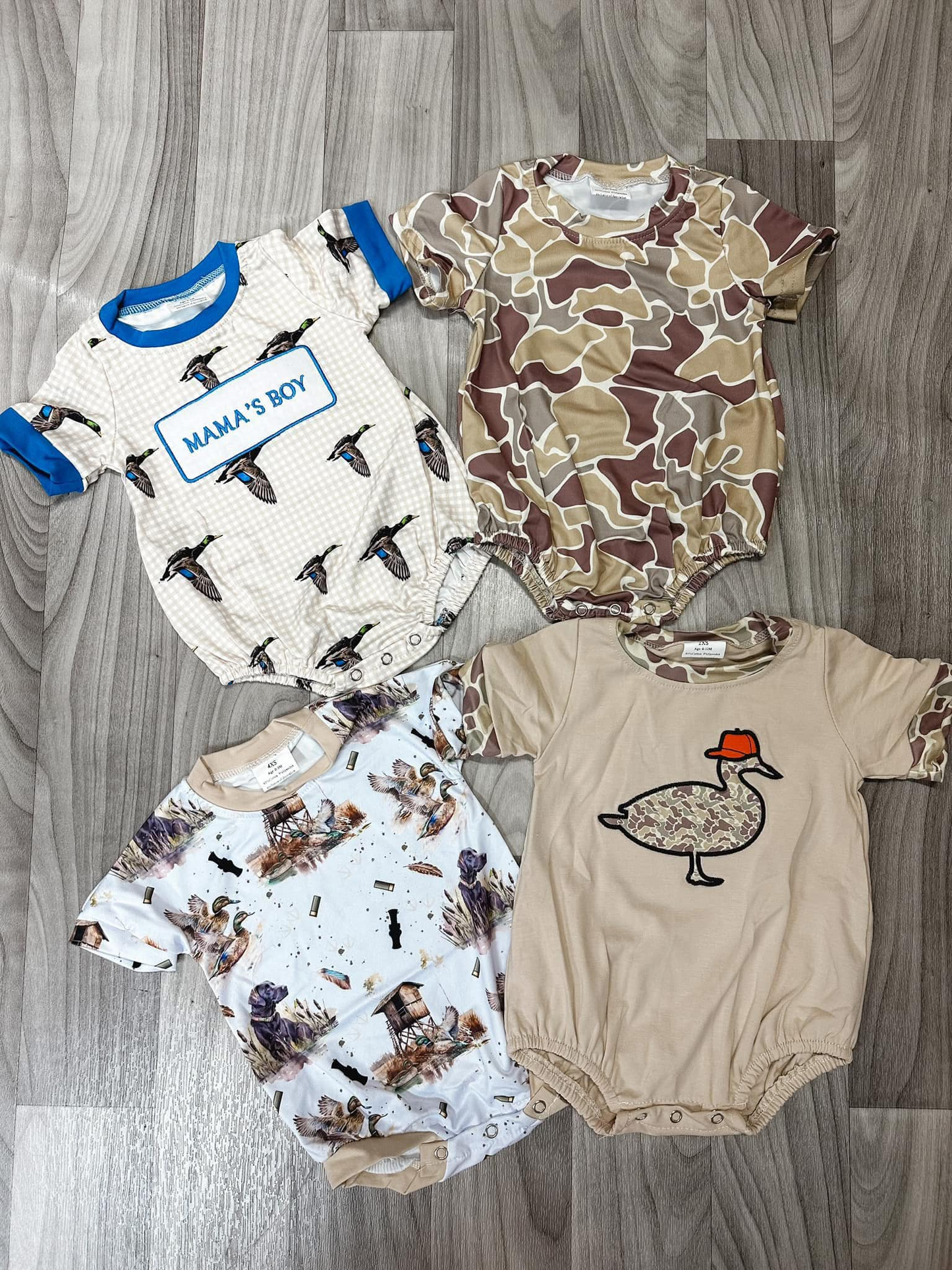 Baby Boy Infant Short Sleeves Embroidery Ducks Camo Sibling Hunting Romper RTS