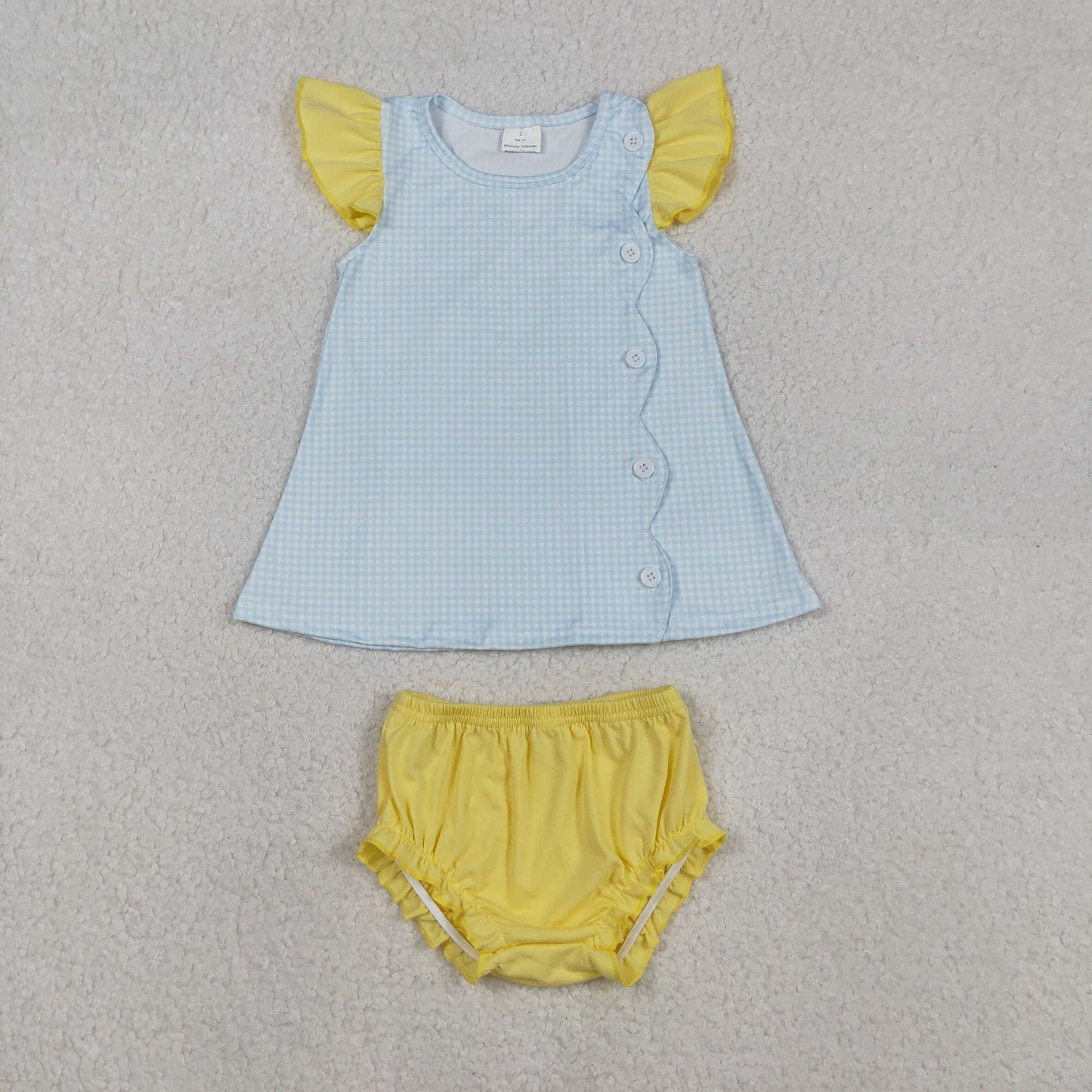 Baby Girls Kids Short Sleeves Blue Plaid Buttons Tops Yellow Bummie Shorts Set RTS