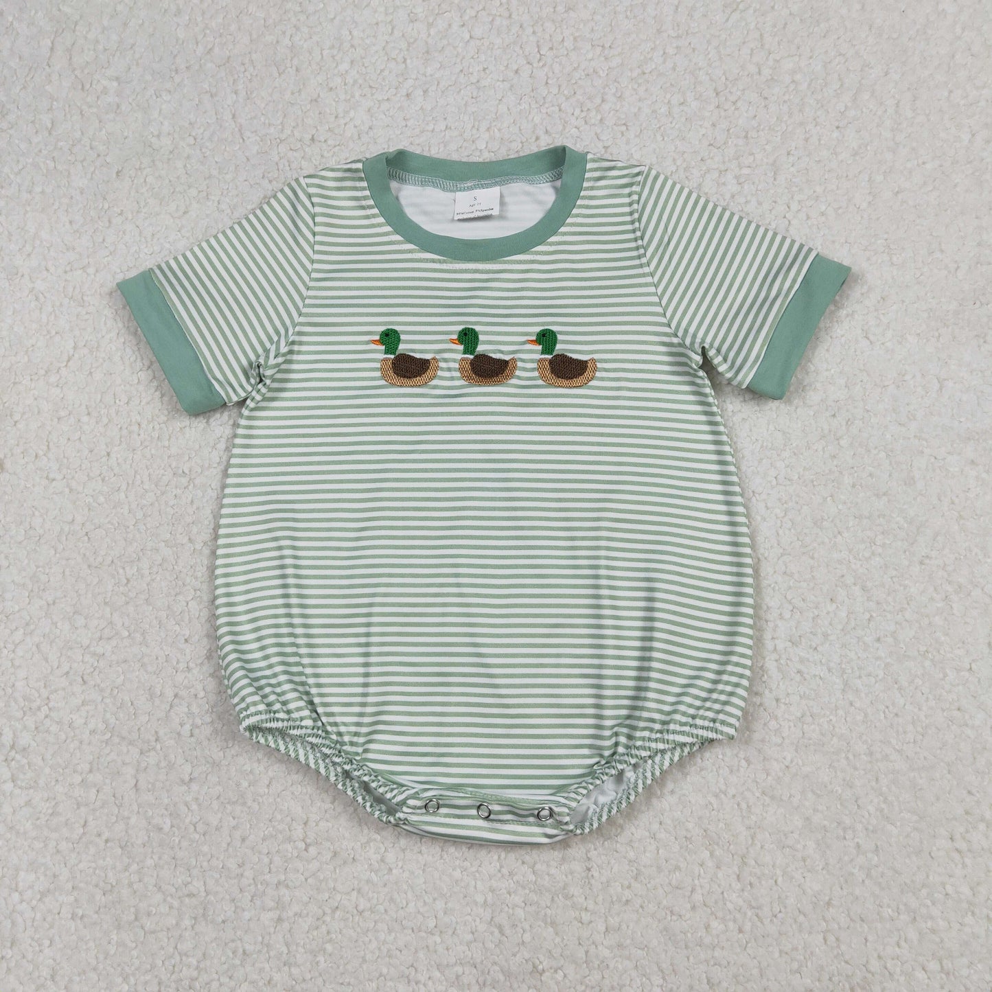 Baby Boys Infant Short Sleeves Embroidery Ducks Green Stripes Bubble Romper