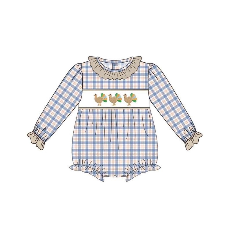 ( No moq ) Preorder Baby Girl Kids Long Sleeves turkey Thanksgiving Plaid Bubble Romper Clothes