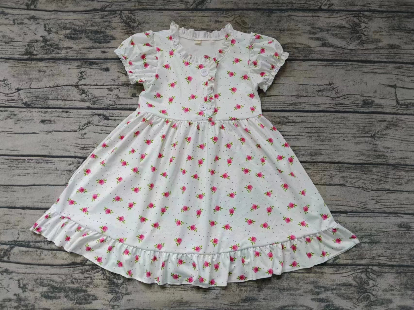 Moq 5 Baby Girl Short Sleeves Floral Buttons Ruffle Dress