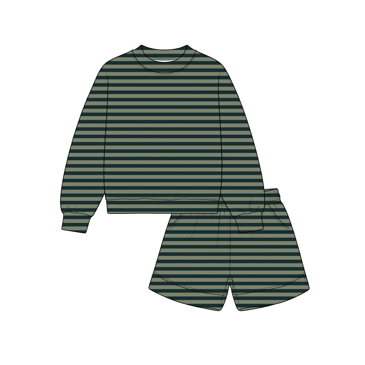 ( Moq 5 ) Preorder Baby Girls Kids Long Sleeves Green Stripes Pullover Pockets Shorts Set Clothes