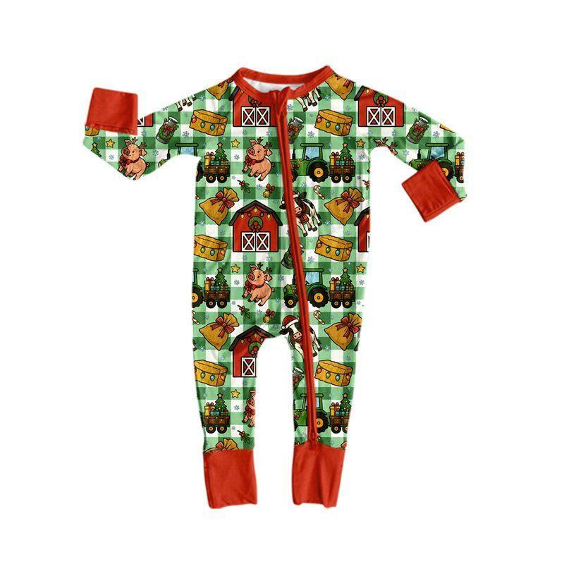( Moq 5 ) Preorder Baby Boys Infant Tractors Farm Plaid Christmas Zipper Footie Sleeper Romper Clothes