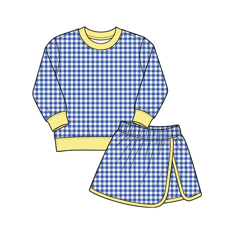 ( Moq 5 ) Preorder Baby Girls Kids Long Sleeves Blue Plaid Shirt Skirt Shorts Set Yoga Active Clothes