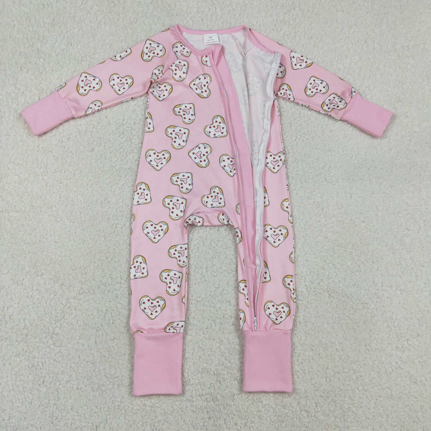 Sibling Baby Girls Kids Long Sleeves Donuts Hearts Valentines Pink Zipper Romper Pajamas Set RTS