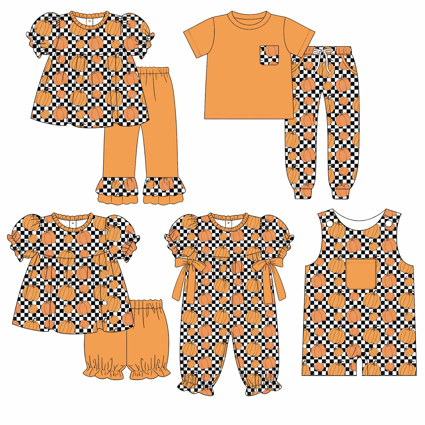 ( Moq 5 Each Style ) Baby Boys Girls Kids Fall Pumpkins Checked Sibling Rompers Sets Clothes