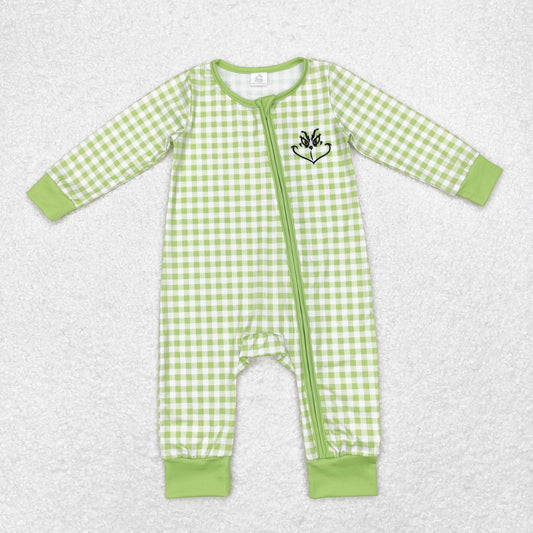 Baby Boy Infant Christmas Green Face Zipper Bamboo Romper