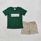 Baby Kids Short Sleeves Embroidery Daddy's Girl Ducks Plaid Bows Tunic Ruffle Green Shorts Clothes Set