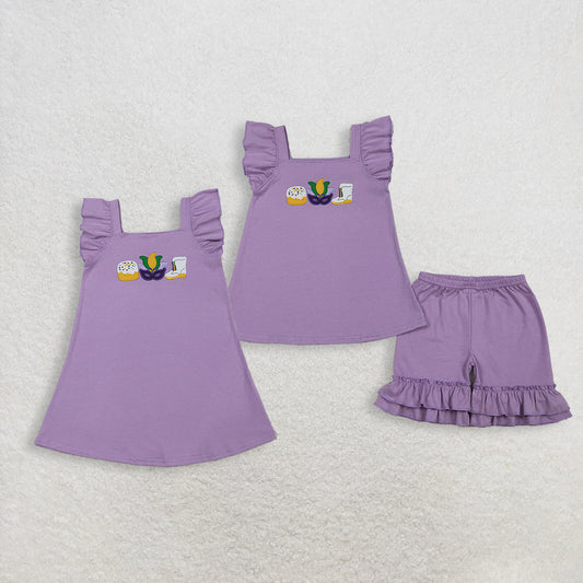 Baby Girls Kids Embroidery Masks Donuts Boots Mardi Gras Purple Dress Set Cotton Clothes RTS
