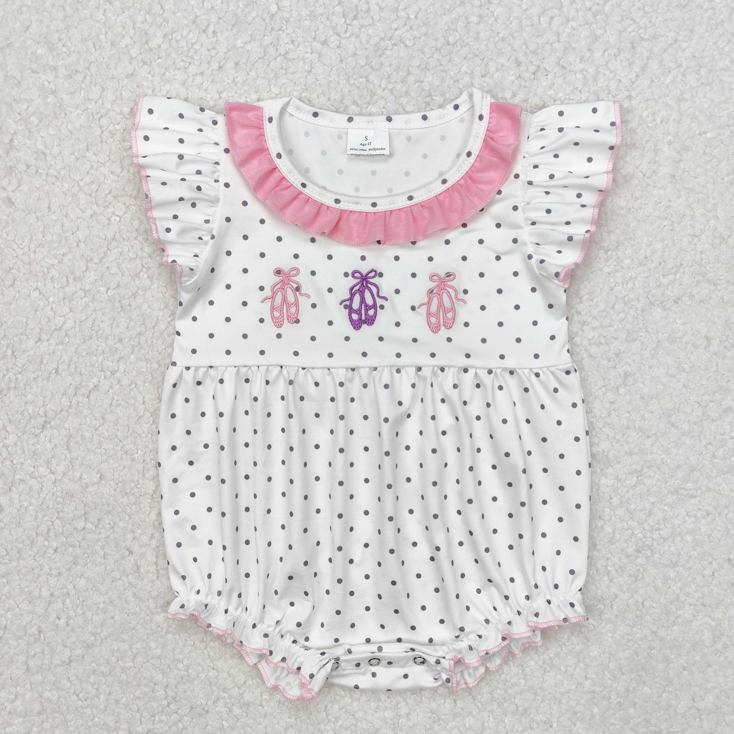 Baby Girl Infant Dots Ballet Shoes Flutter Sleeves Bubble Embroidery Romper