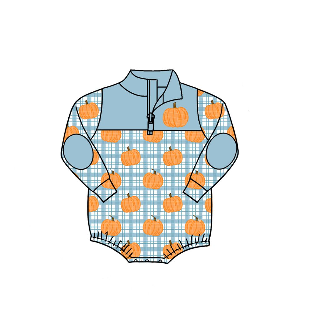 ( Moq 5 ) Preorder Baby Boys Kids Pumpkins Blue Plaid Zipper Bubble Romper Fall Clothes