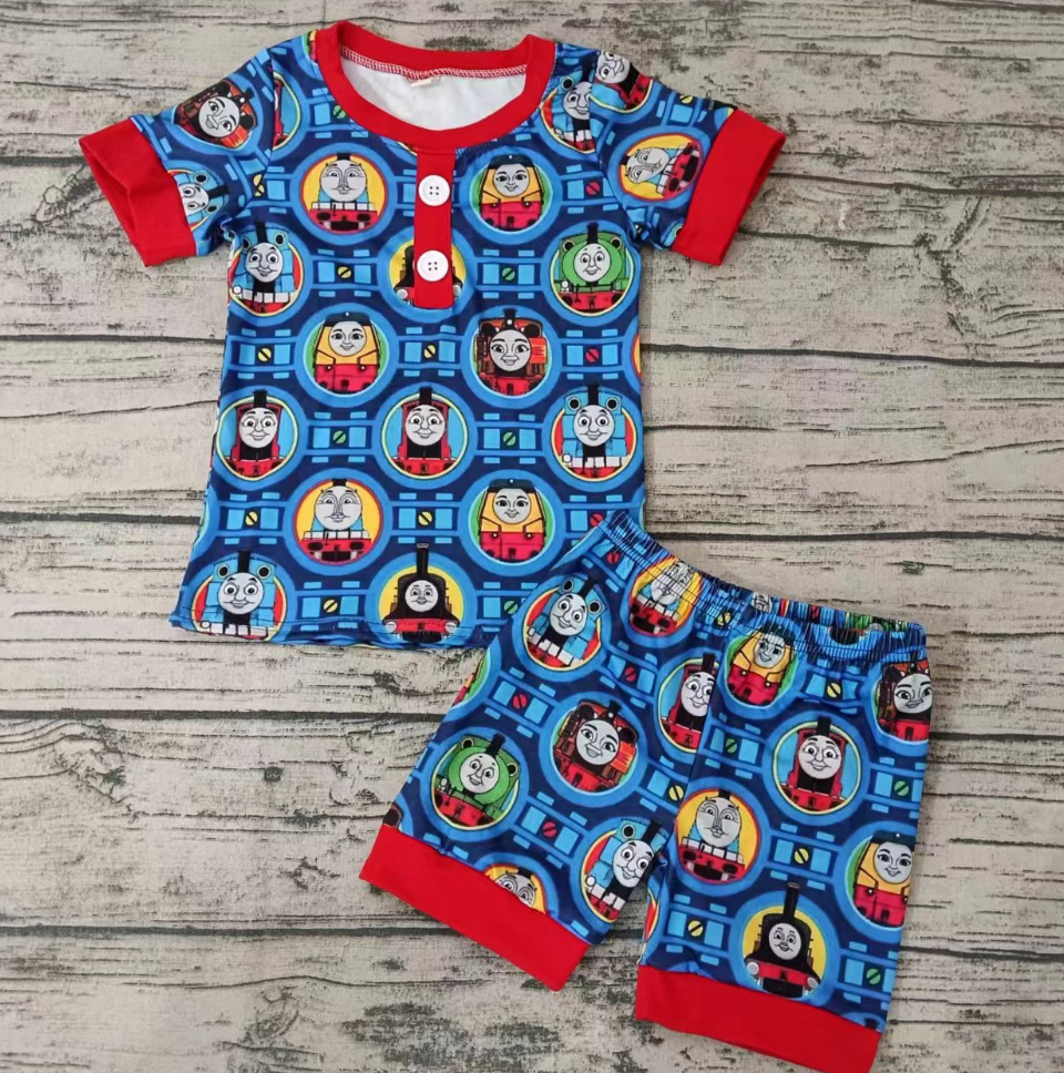 Moq 5 Baby Boy Short Sleeves Trains Shirt Shorts Pajamas Summer Cartoon Set