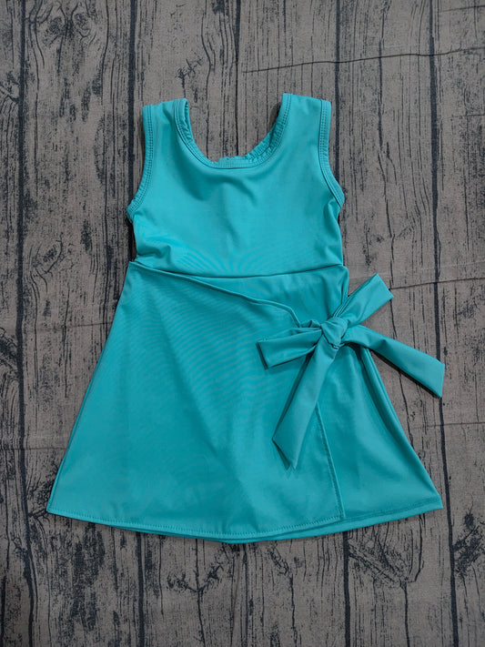 ( No moq ) Preorder Baby Girls Sleeveless Green Bow Shorts Knee Length Yoga Active Dress