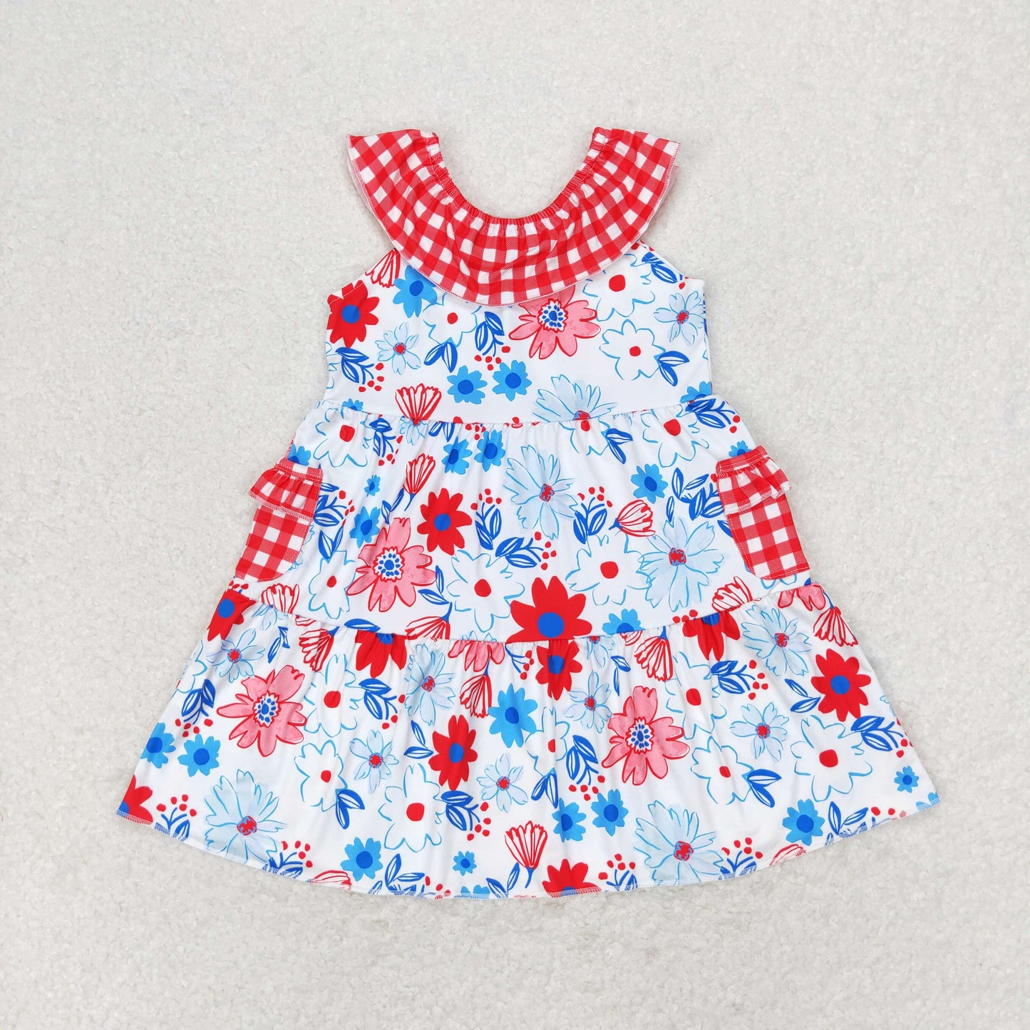 Baby Girl July 4th Floral Red Plaid Pocket Dress