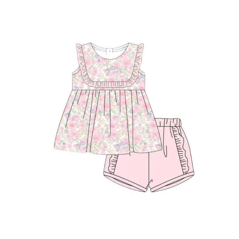 ( Moq 5 ) Preorder Baby Girls Kids Sleeveless Flower Tops Pink Ruffle Shorts Set Clothes