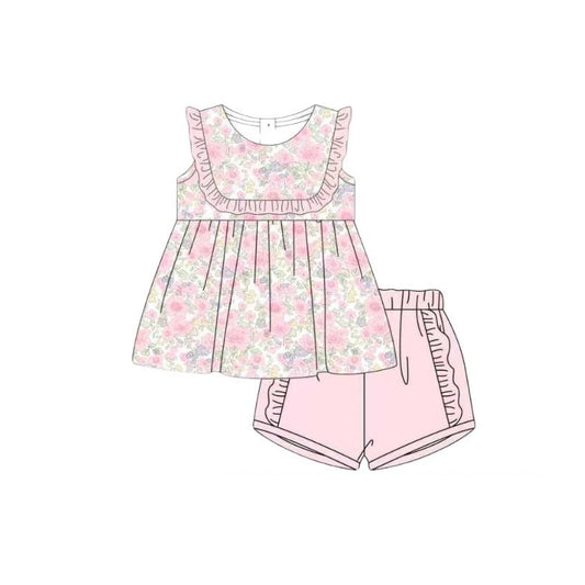 ( Moq 5 ) Preorder Baby Girls Kids Sleeveless Flower Tops Pink Ruffle Shorts Set Clothes