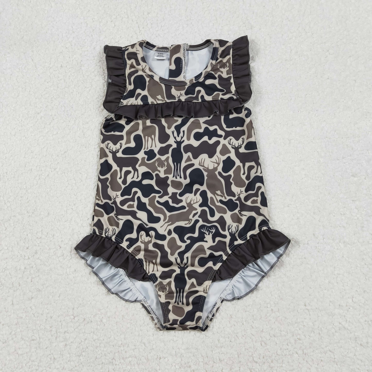 Baby Girls Kids Short Sleeves Deer Camo Ruffle One-piece Swimsuit RTS