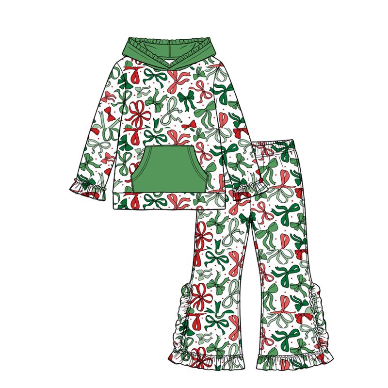 ( Moq 5 ) Preorder Baby Girls Kids Bows Pocket Hoodie Zipper Shirt Pants Christmas Set Clothes