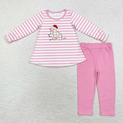 Baby Girl Christmas Dog Lights Embroidery Pink Stripes Tunic Cotton Pants Set