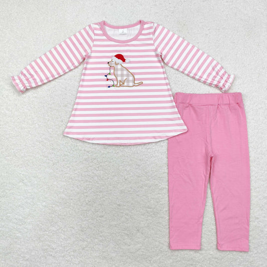 Baby Girl Christmas Dog Lights Embroidery Pink Stripes Tunic Cotton Pants Set