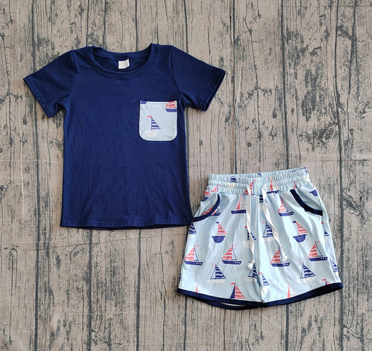 ( No moq ) Preorder Baby Boys Kids Navy Shorts Sleeves Shirt Boats Pockets Shorts Clothes Set
