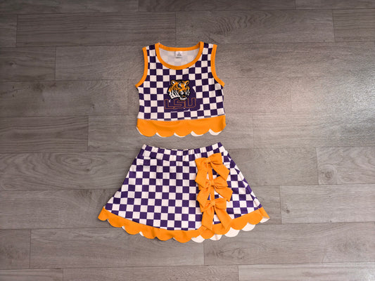 ( No moq ) Preorder Baby Girls Kids Tiger Checked Shirt Scallop Bows Skirt Shorts Team Set Yoga Active Clothes