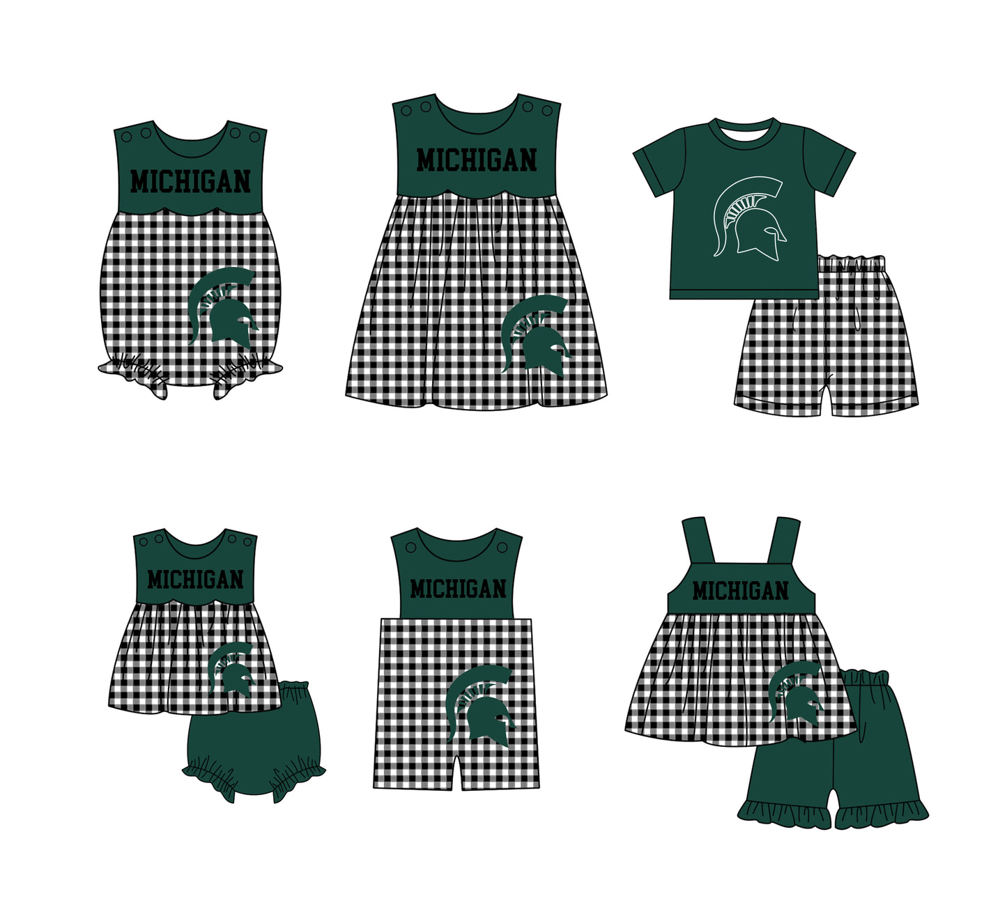 ( Moq 5 Each Style ) Baby Boys Girls Kids Plaid Team Sibling Green Rompers Dress Sets