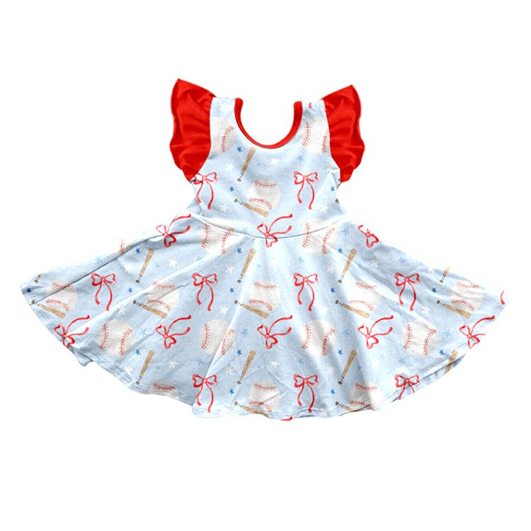 ( Moq 5 ) Preorder Baby Girls Kids Short Sleeves Baseball Bows Blue Knee Length Dress