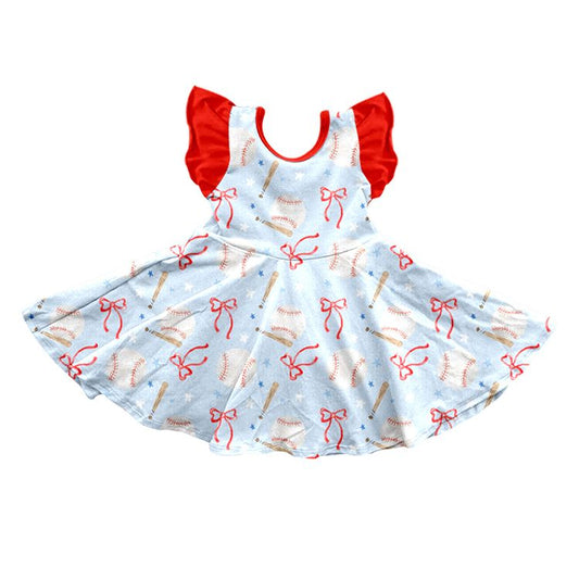 ( Moq 5 ) Preorder Baby Girls Kids Short Sleeves Baseball Bows Blue Knee Length Dress